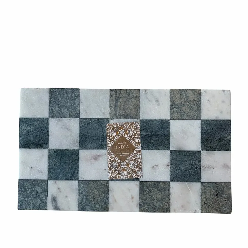 Marble Checkered Footed Tray 8x14 Artisan Green & White Handcrafted in India NEW